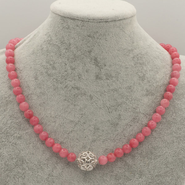Kette mit rosa Calcit Perlen 8 mm und großer Silber Perle