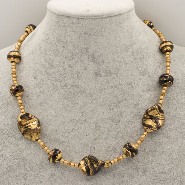 Kette mit echen Murano Glas Perlen mit Goldfolie schwarz gold 45 - 50 cm