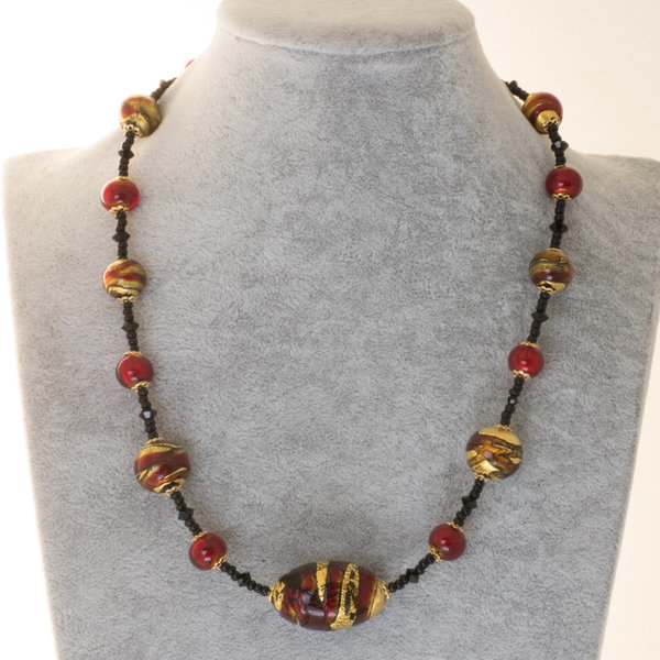 kette mit Murano Glas Perlen mit Goldfolie rot gold schwarz 50 - 55 cm