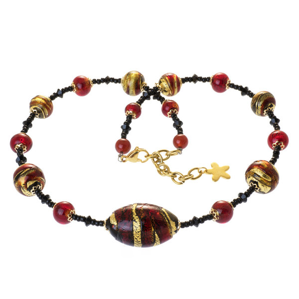 kette mit Murano Glas Perlen mit Goldfolie rot gold schwarz 50 - 55 cm