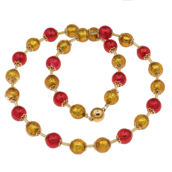 Kette mit Murano Glas Perlen mit Goldfolie gold braun rot, 10 mm 48 cm